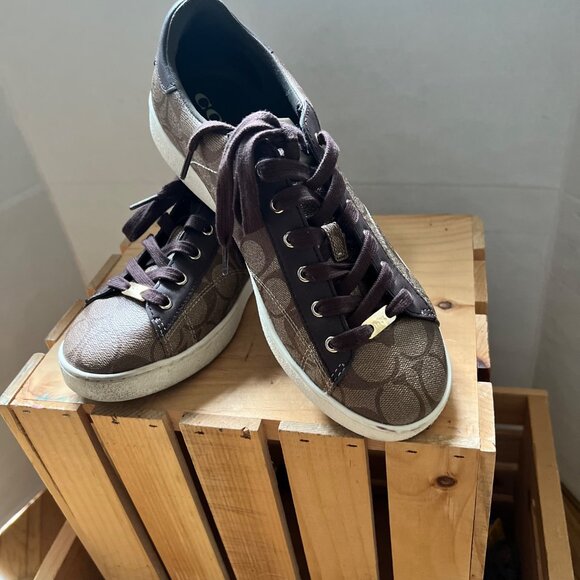 Coach Size 9.5 Khaki Mahogany C126 Low Top Signature Coated Canvas Sneaker Shoes - Picture 14 of 16